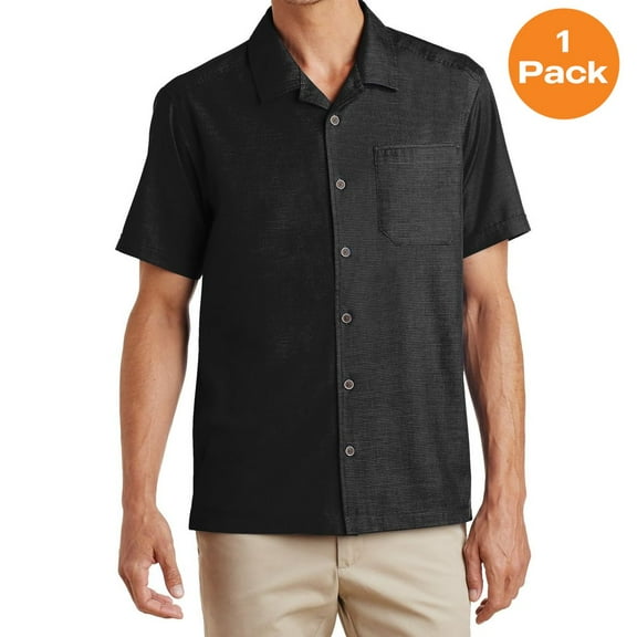 Port Authority S662 Textured Camp Shirt, Black, M, Mens Casual Button Down Shirts
