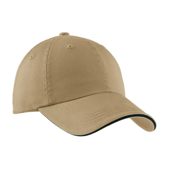 Port Authority Sandwich Bill Cap with Striped Closure-One Size (Khaki/ Charcoal Blue)