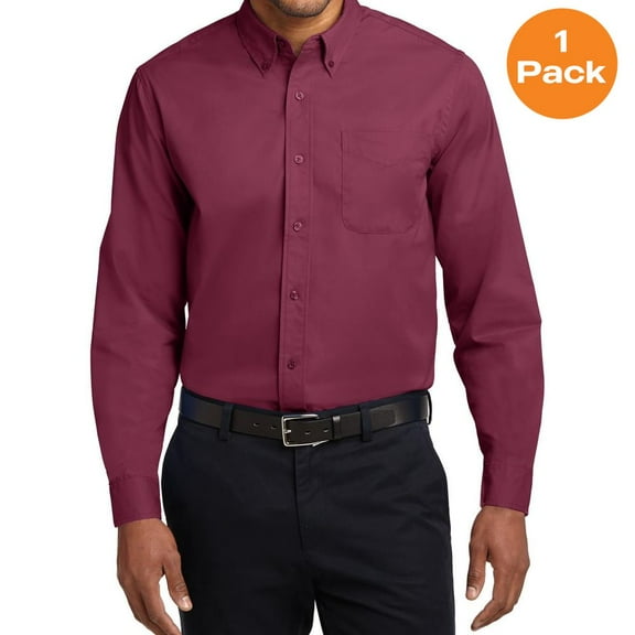 Port Authority TLS608 Tall Long Sleeve Easy Care Shirt , Burgundy/ Light Stone, 2XLT, Mens Casual Button Down Shirts