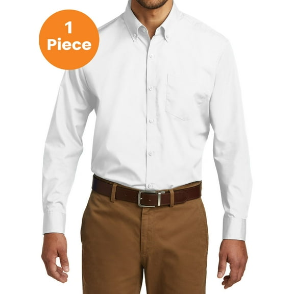 Port Authority TW100 Tall Long Sleeve Carefree Poplin Shirt, White, 4XLT, Mens Casual Button Down Shirts