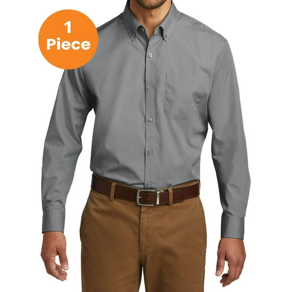 Port Authority W100 Long Sleeve Carefree Poplin Shirt, Gusty Grey, 4XL, Mens T-Shirts