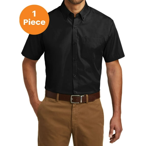 Port Authority W101 Short Sleeve Carefree Poplin Shirt, Deep Black, 2XL, Mens Casual Button Down Shirts