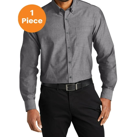 Port Authority W382 Long Sleeve Chambray Easy Care Shirt, Deep Black, 4XL, Men's Dress Shirt