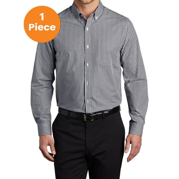 Port Authority W644 Broadcloth Gingham Easy Care Shirt, Black/ White, XS, Mens Casual Button Down Shirts