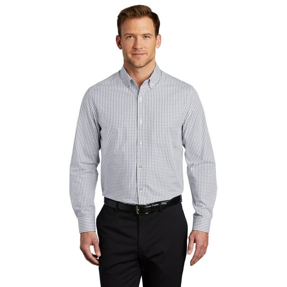 Port Authority W644 Broadcloth Gingham Easy Care Shirt, Gusty Grey/ White, 4XL