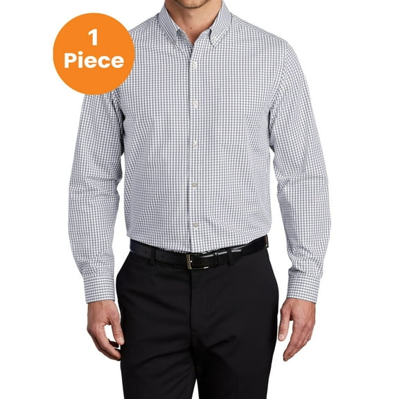 Port Authority W644 Broadcloth Gingham Easy Care Shirt, Gusty Grey/ White, M, Mens Casual Button Down Shirts