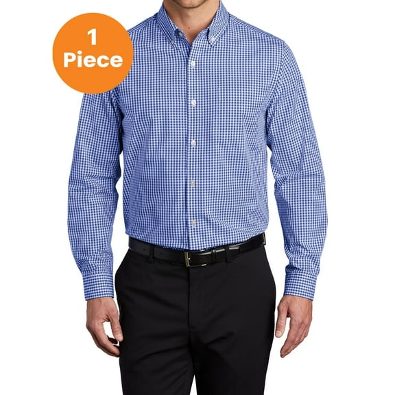 Port Authority W644 Broadcloth Gingham Easy Care Shirt, True Royal/ White, M, Mens Casual Button Down Shirts
