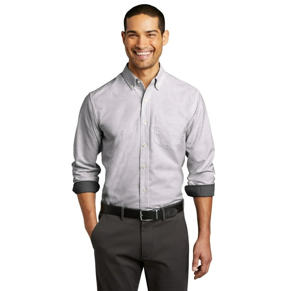 Port Authority W657 SuperPro Oxford Stripe Shirt, Black/ White, XS