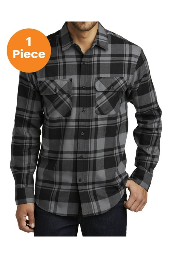 W668 Plaid Flannel Shirt, Grey/ Black, XL, Mens Casual Button Down Shirts
