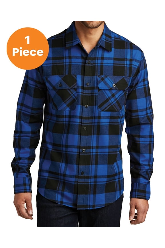 W668 Plaid Flannel Shirt, Royal/ Black, M, Mens Casual Button Down Shirts