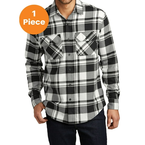 Port Authority W668 Plaid Flannel Shirt, Snow White/ Black, M, Mens Casual Button Down Shirts