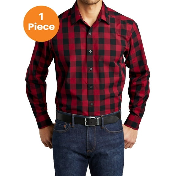 Port Authority W670 Everyday Plaid Shirt, Rich Red, M, Mens Casual Button Down Shirts