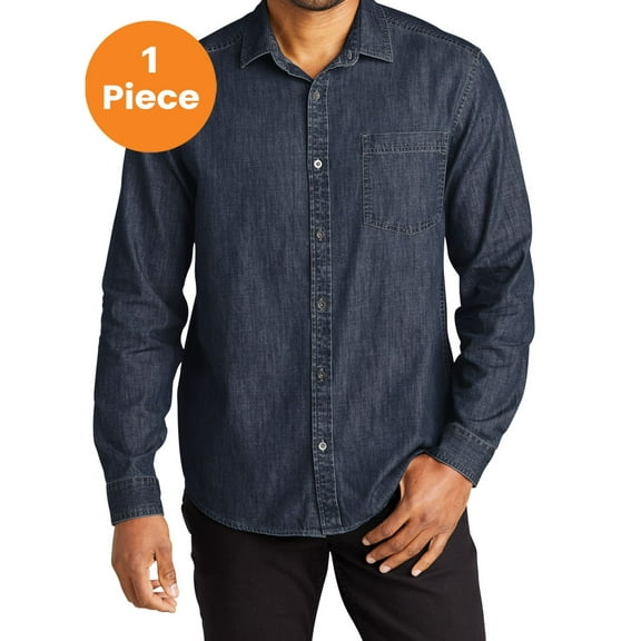 Port Authority W676 Long Sleeve Perfect Denim Shirt, Dark Wash, XL, Men'w Dress Shirt