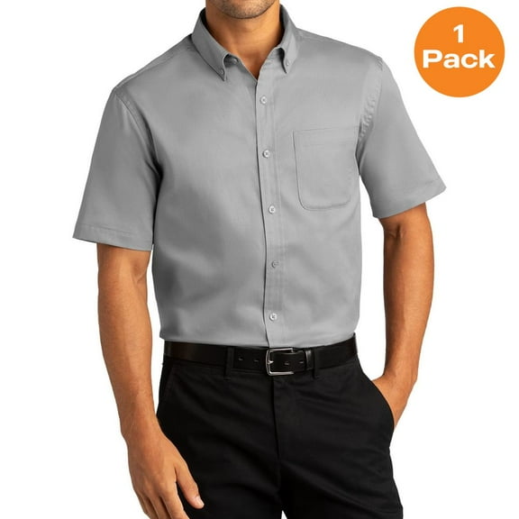Port Authority W809 Short Sleeve SuperPro React Twill Shirt, Gusty Grey, 2XL, Mens Casual Button Down Shirts