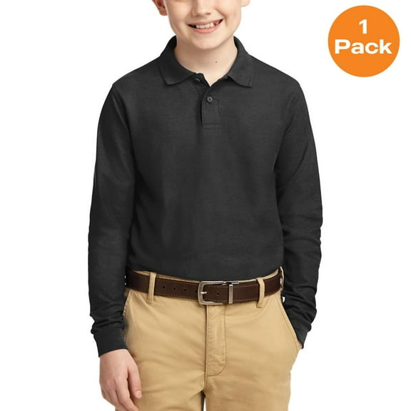 Port Authority Y500LS Youth Long Sleeve Silk Touch Polo, Black, XL, Boys Polo Shirts
