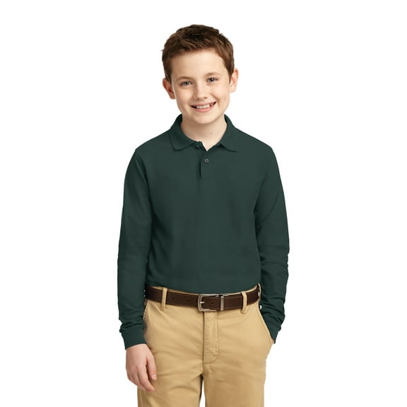 Port Authority Youth Long Sleeve Silk Touch Polo-M (Dark Green)