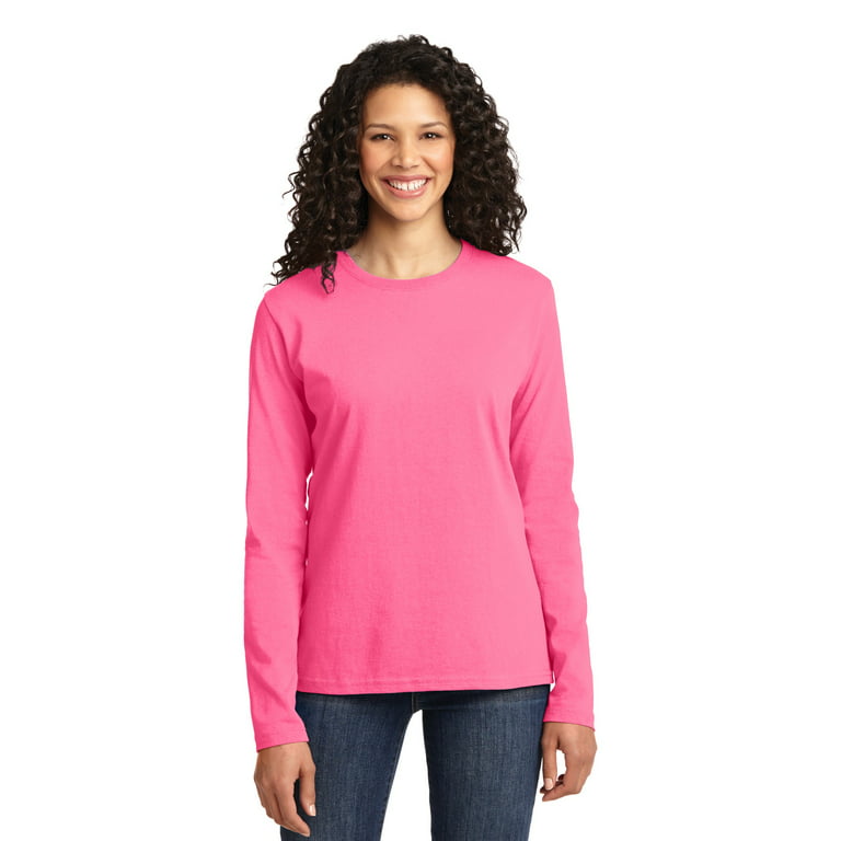 Port & Co Adult Female Women Plain Long Sleeves T-Shirt Neon Pink 2X-Large | T-Shirts
