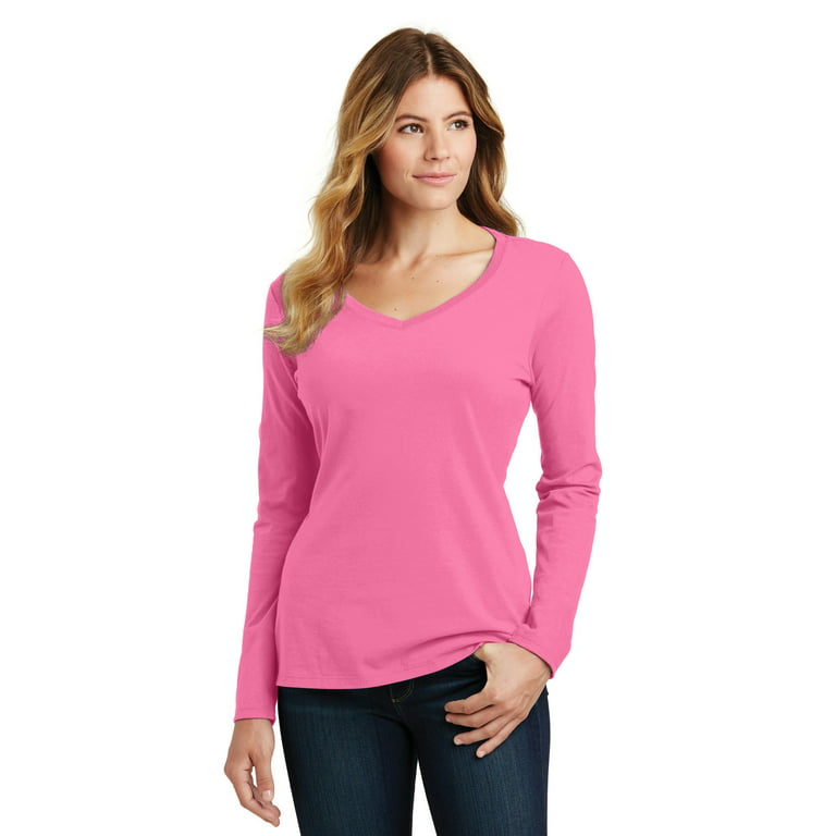 Lands End Womens Shaped Fit T-Shirt Pink Cotton V-Neck Tee Short Sleeve M  Medium