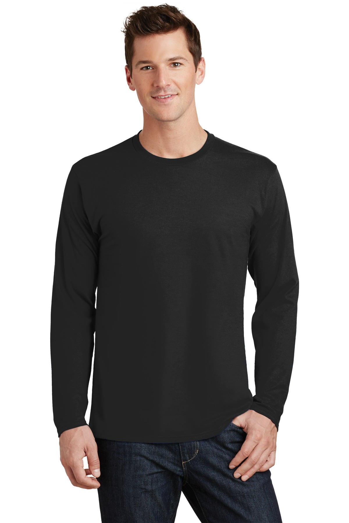 Port Co Adult Male Plain Crew Neck Long Sleeve T-Shirt, Jet Black