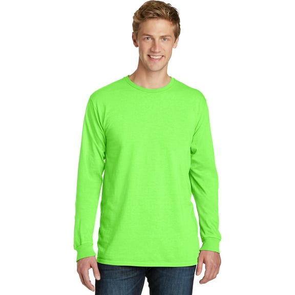 Port & Co Adult Male Men Plain Long Sleeves T-Shirt Neon Green Medium
