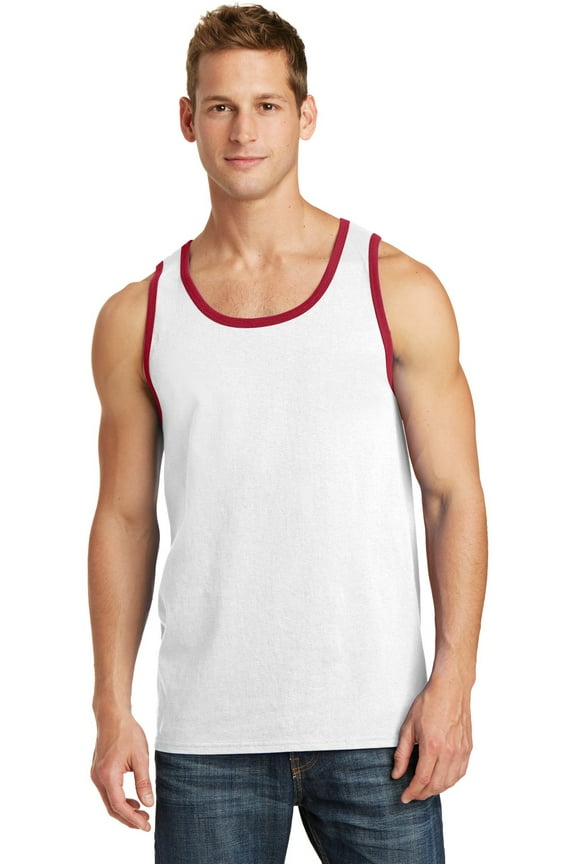 Port & Co Adult Male Men Scoop Neck Plain sleeveless Tank White/Red Small