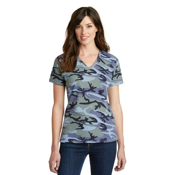 Port & Co LPC54VC mpany Ladies Core Cotton Camo V Neck Tee.