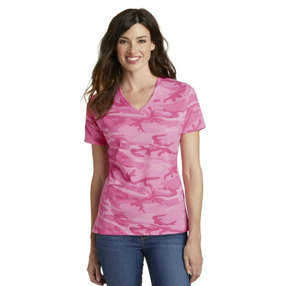 Port & Company 54Oz 100% Cotton VNeck Camo Tee (LPC54VC) Pink Camouflage, L
