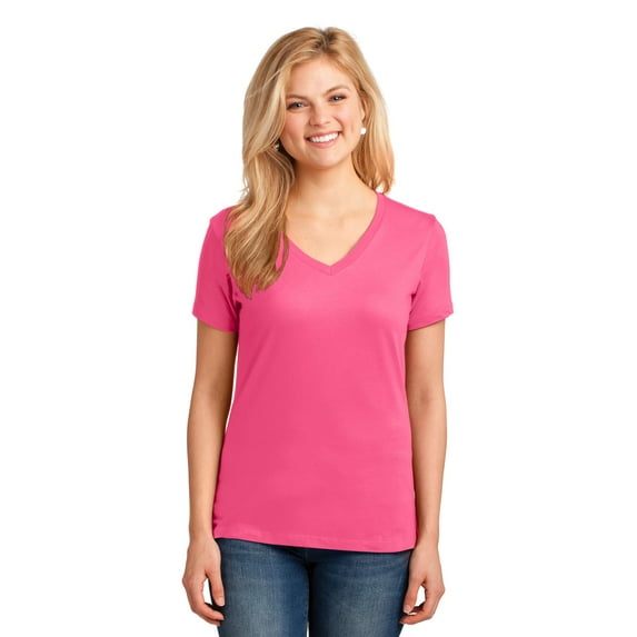 "Port & Company 54oz 100% Cotton V-Neck TShirt (LPC54V) Neon Pink, S"