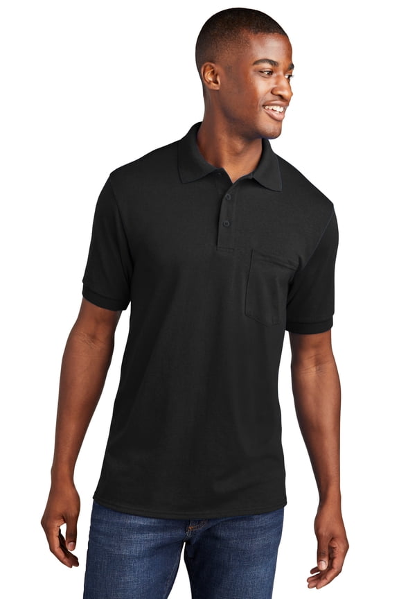 KP55P Mens Core Blend Jersey Knit Pocket Polo T-Shirt, Jet Black - Small