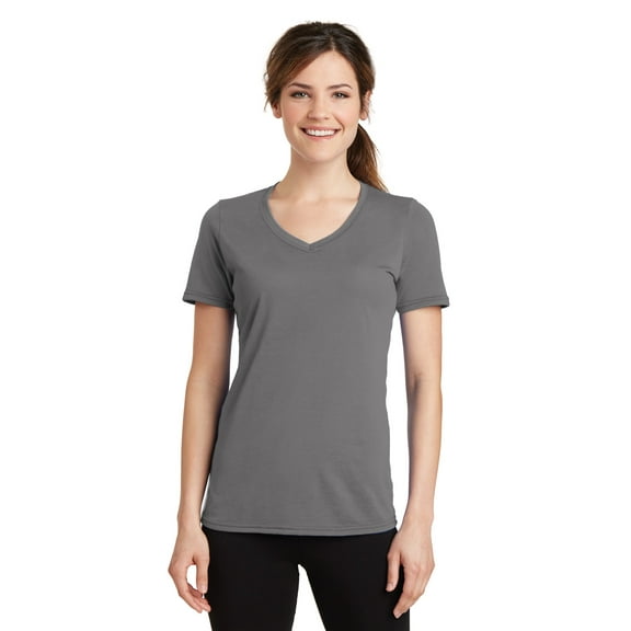 Port Company LPC381V Ladies Performance Blend V-Neck Tee, Medium Grey, XS