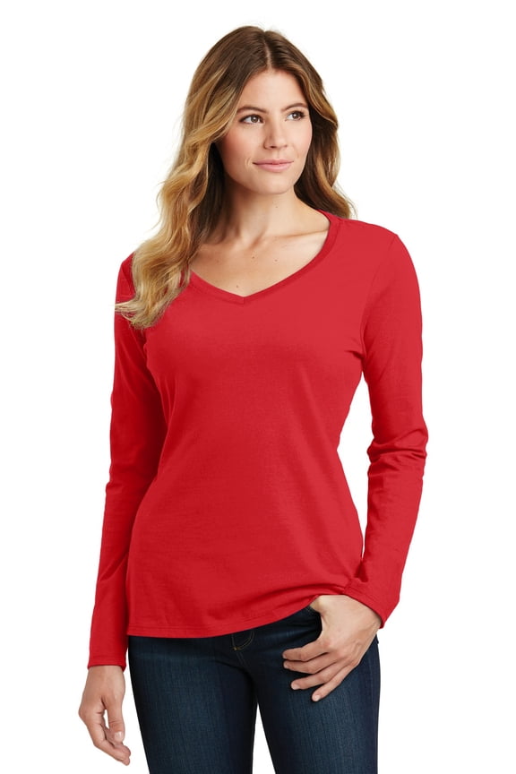 Port Company LPC450VLS Ladies Long Sleeve Fan Favorite V-Neck Tee, Bright Red, XL