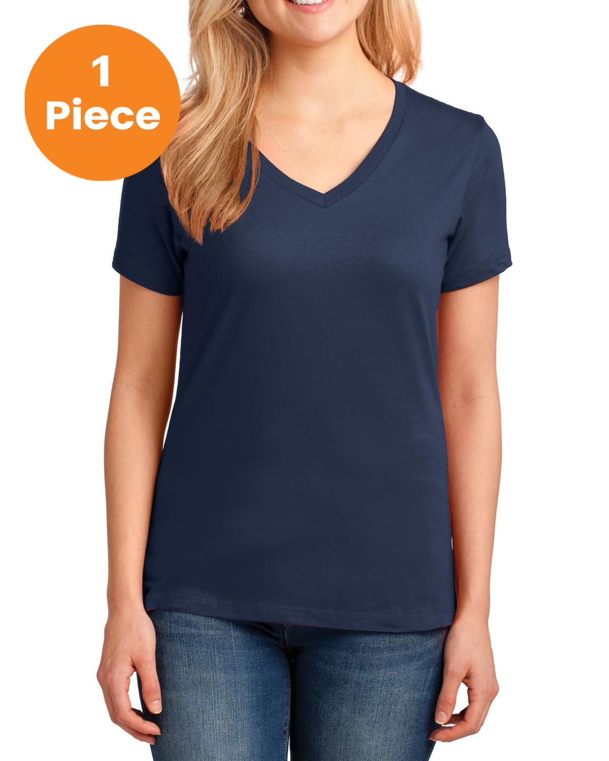 Port & Company LPC54V Ladies Core Cotton V-Neck Tee, Navy, XS, Womens ...