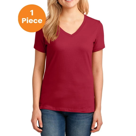 Port & Company LPC54V Ladies Core Cotton V-Neck Tee, Red, XL, Womens Clothing, Womens Tops