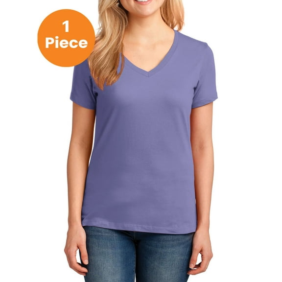 Port & Company LPC54V Ladies Core Cotton V-Neck Tee, Violet, M, Womens Clothing, Womens Tops