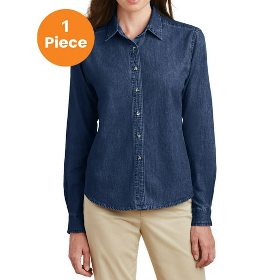 Port & Company LSP10 Ladies Long Sleeve Value Denim Shirt, Ink Blue*, L, Womens Button Down Shirts