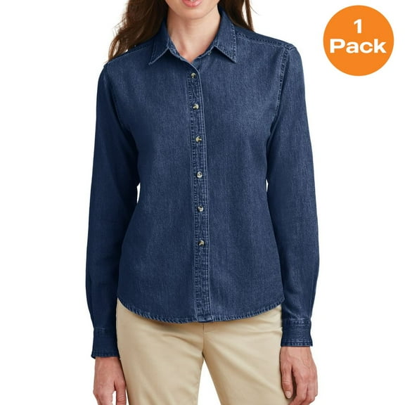 Port & Company LSP10 Ladies Long Sleeve Value Denim Shirt, Ink Blue*, S, Womens Button Down Shirts