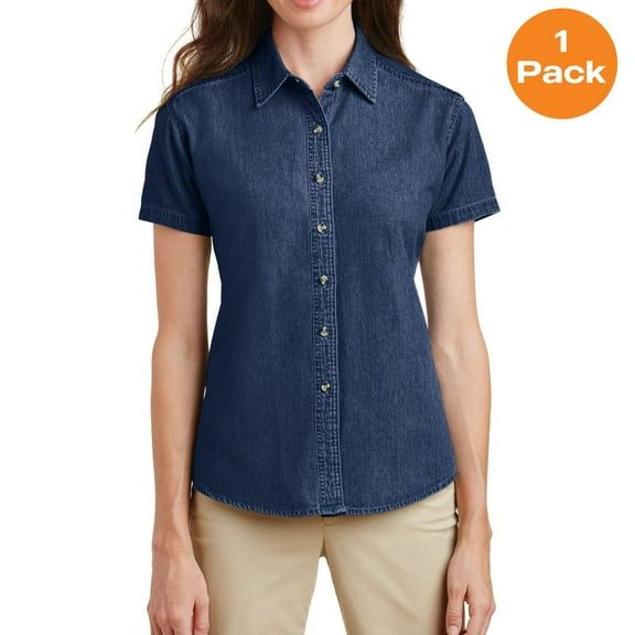 Port & Company LSP11 Ladies Short Sleeve Value Denim Shirt, Ink Blue*, S, Womens Button Down Shirts