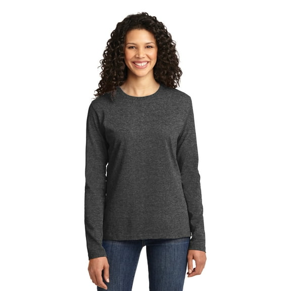 Port & Company Ladies Long Sleeve Core Cotton Tee-S (Dark Heather Grey)