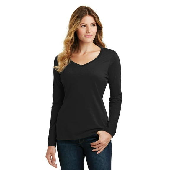 Port & Company Ladies Long Sleeve Fan Favorite V Neck Tee-3XL (Jet Black)