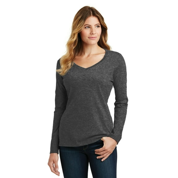 Port & Company Ladies Long Sleeve Fan Favorite V Neck Tee-M (Dark Heather Grey)
