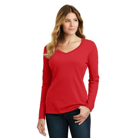 Port & Company Ladies Long Sleeve Fan Favorite V Neck Tee-S (Bright Red)
