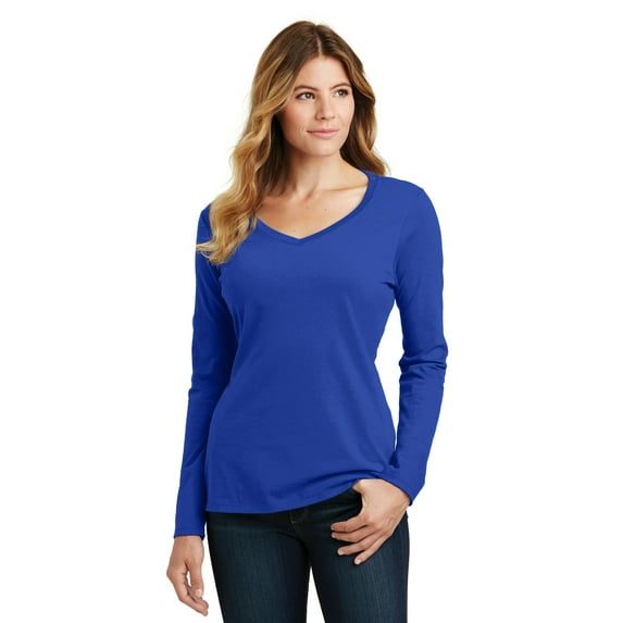 Port & Company Ladies Long Sleeve Fan Favorite V Neck Tee-XS (True Royal)
