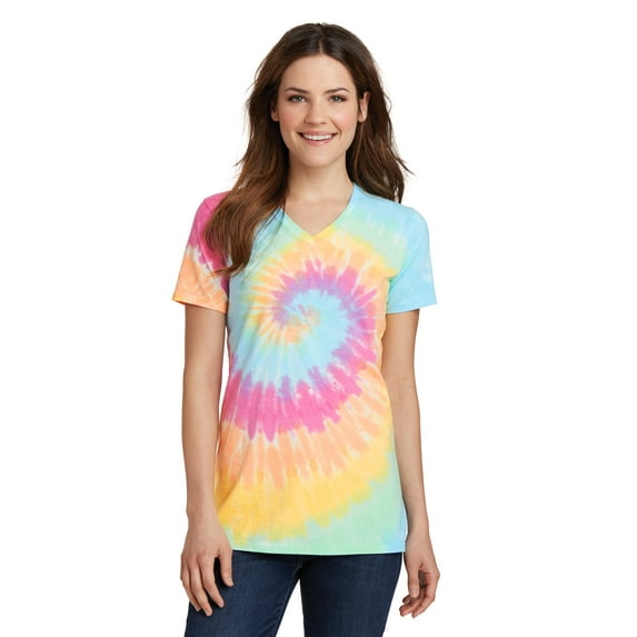 Port & Company Ladies Tie Dye V Neck Tee-L (Pastel Rainbow)