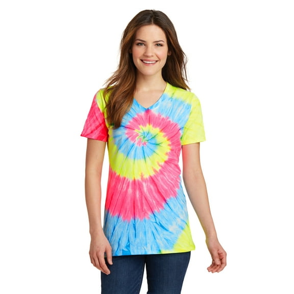 Port & Company Ladies Tie Dye V Neck Tee-S (Neon Rainbow)