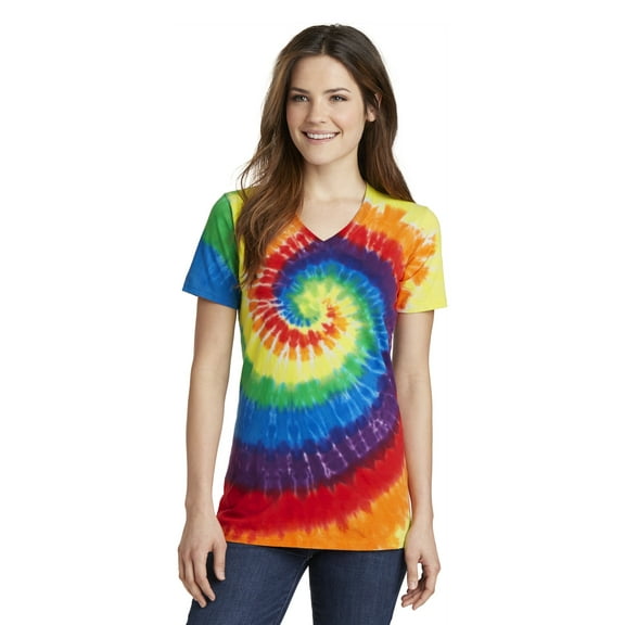 Port & Company Ladies Tie Dye V Neck Tee-S (Rainbow)