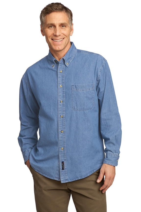 Port & Company Men Long Sleeve Value Denim Shirt, Faded Blue*, M