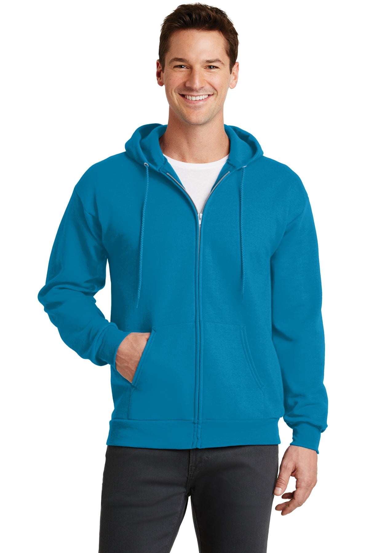 Port & Company Men’s Classic Full Zip Hooded Sweatshirt – Soft Cotton Lining, Neon Blue, Machine Washable
