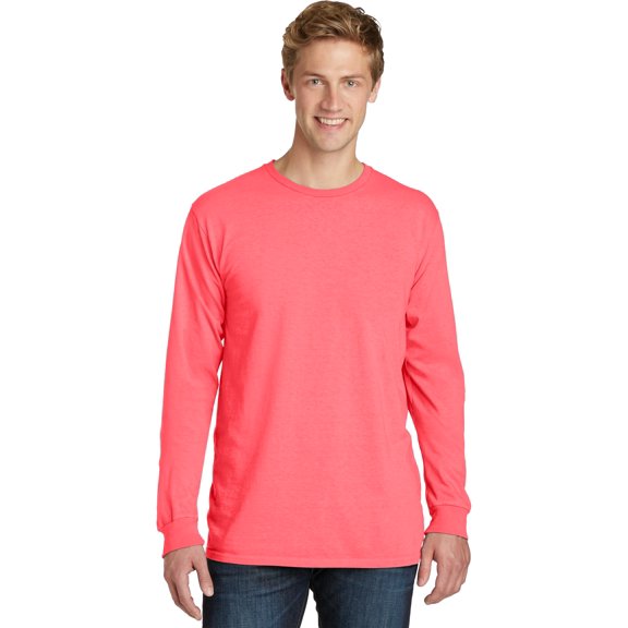 Port & Co Adult Male Men Plain Long Sleeves T-Shirt Neon Coral 4X-Large