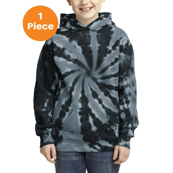 Port & Company PC146Y Youth Essential Tie-Dye Pullover Hooded Sweater, Black, XS, Girls Character Clothing