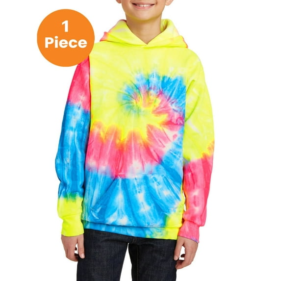 Port & Company PC146Y Youth Essential Tie-Dye Pullover Hooded Sweater, Neon Rainbow, XS, Womens Hoodies
